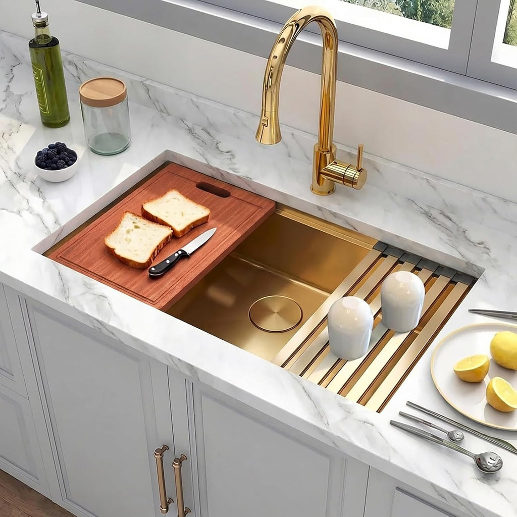 Gold Undermount Kitchen Sink,16 Gauge SUS304 Stainless Steel All In One Workstation Sinks with Full Set Accessories