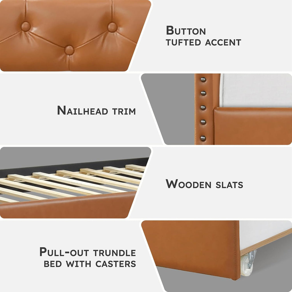 Faux Leather Daybed with Trundle, Solid Wood Frame, Nailhead Trim, Wood Slat Support, Button Tufted Trundle Day Bed