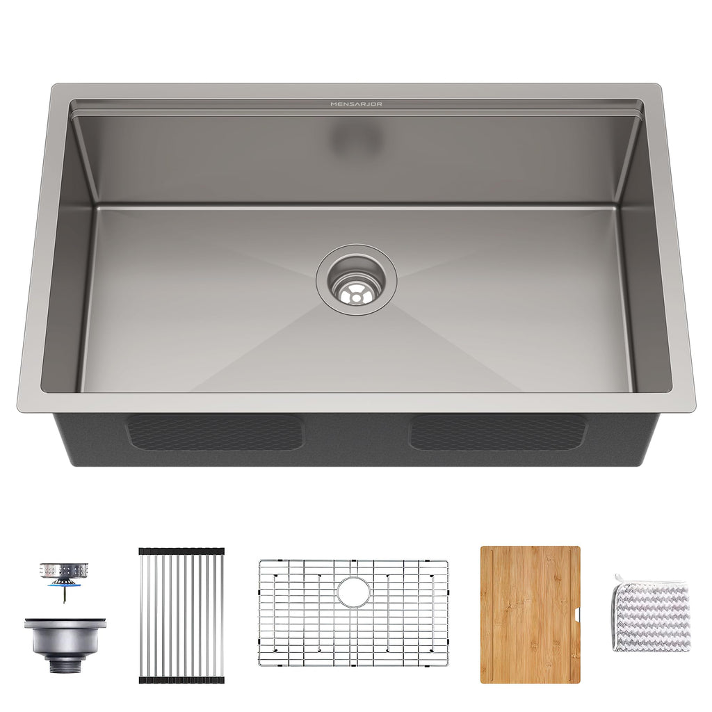32 x 19 Inch Workstation Ledge Handmade Undermount Kitchen Sink Stainless Steel 16 Gauge Big Single Bowl Sink