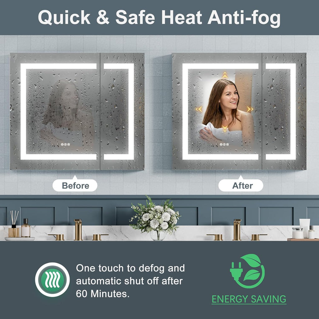 Upgraded Tempered-Mirror Medicine Cabinet with Lights 24x26 inch, Plug-in or Hardwired, Anti-Fog/3 Colors/Dimmable