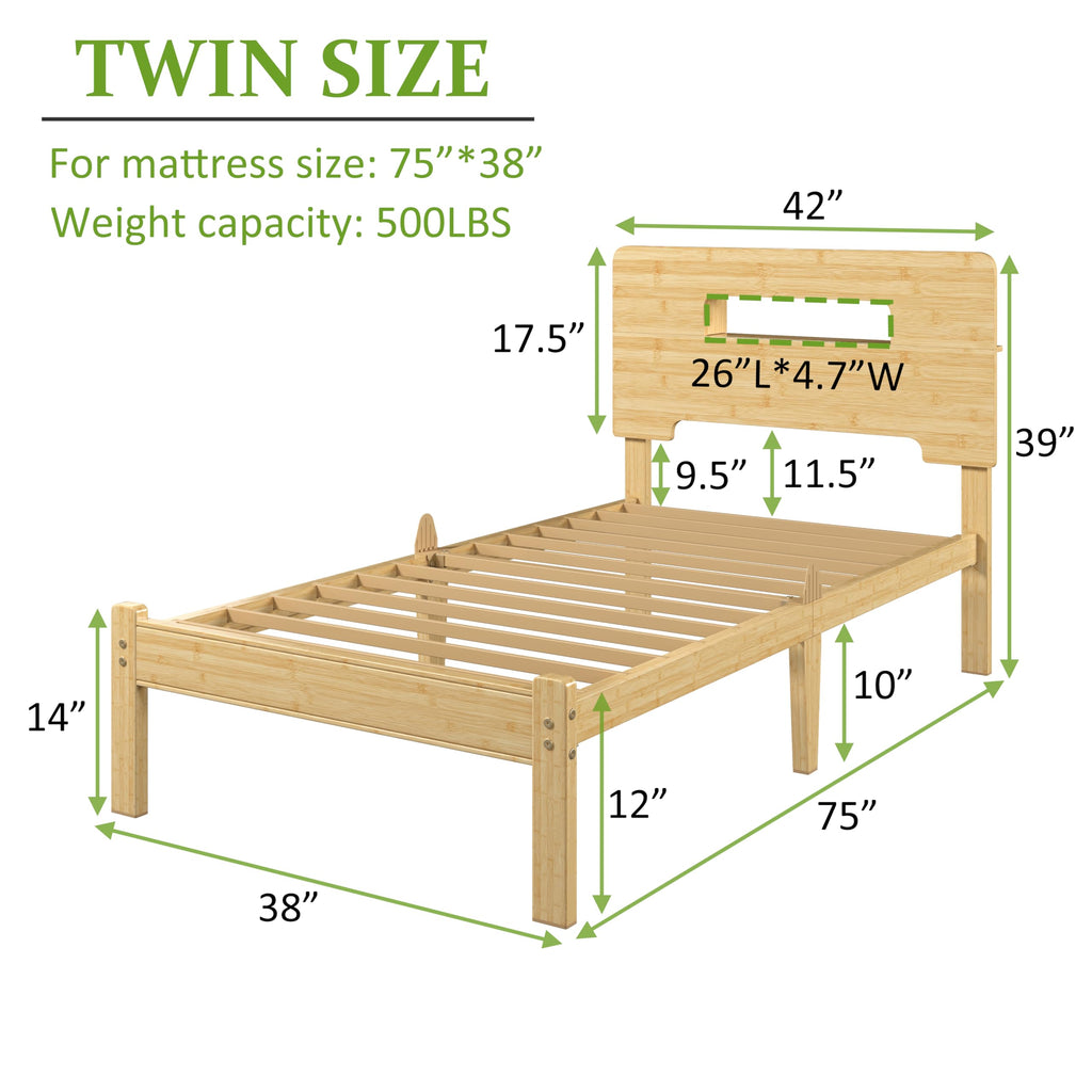 12 Inch Bamboo Platform Bed Frame Twin Size, Sturdy Bed Frame with Bamboo Frame & Iron Slats, Noise-Free Mattress