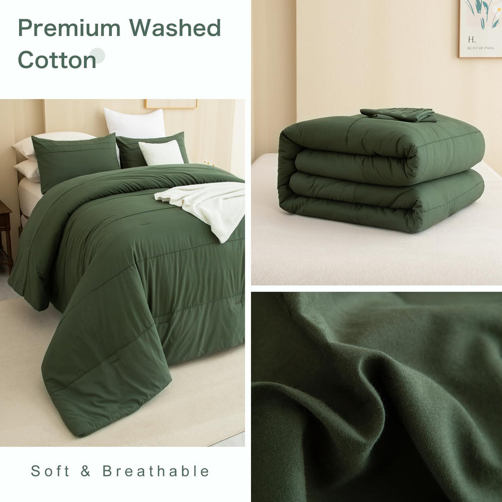 Olive Green Comforter 120"x120", Cotton Pleated Dark Green Bedding Comforter Set, 3 Pieces Lightweight