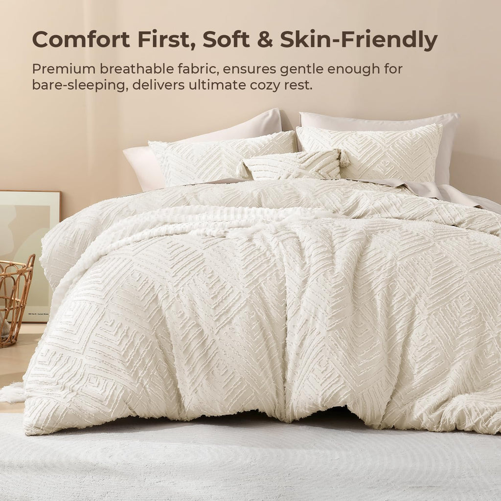 King Size Comforter Set, 3 Pieces Beige Tufted Boho Bedding Set