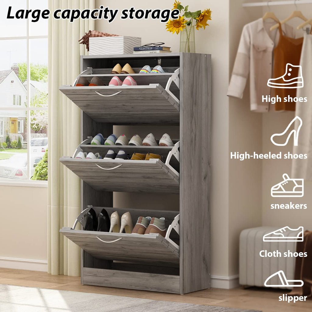 Shoe Cabinet, Grey Narrow Shoe Storage Cabinet with 3 Flip Doors & Adjustable Shelf Hallway (22.4"W x 9.4"D x 42.3"H)