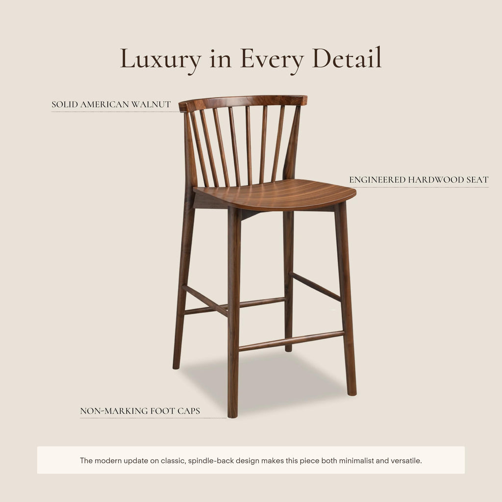 Ligna Counter Stool Walnut - Mid-Century Inspired Stool with Sculpted Spindle Back - Solid American Oak Frame and