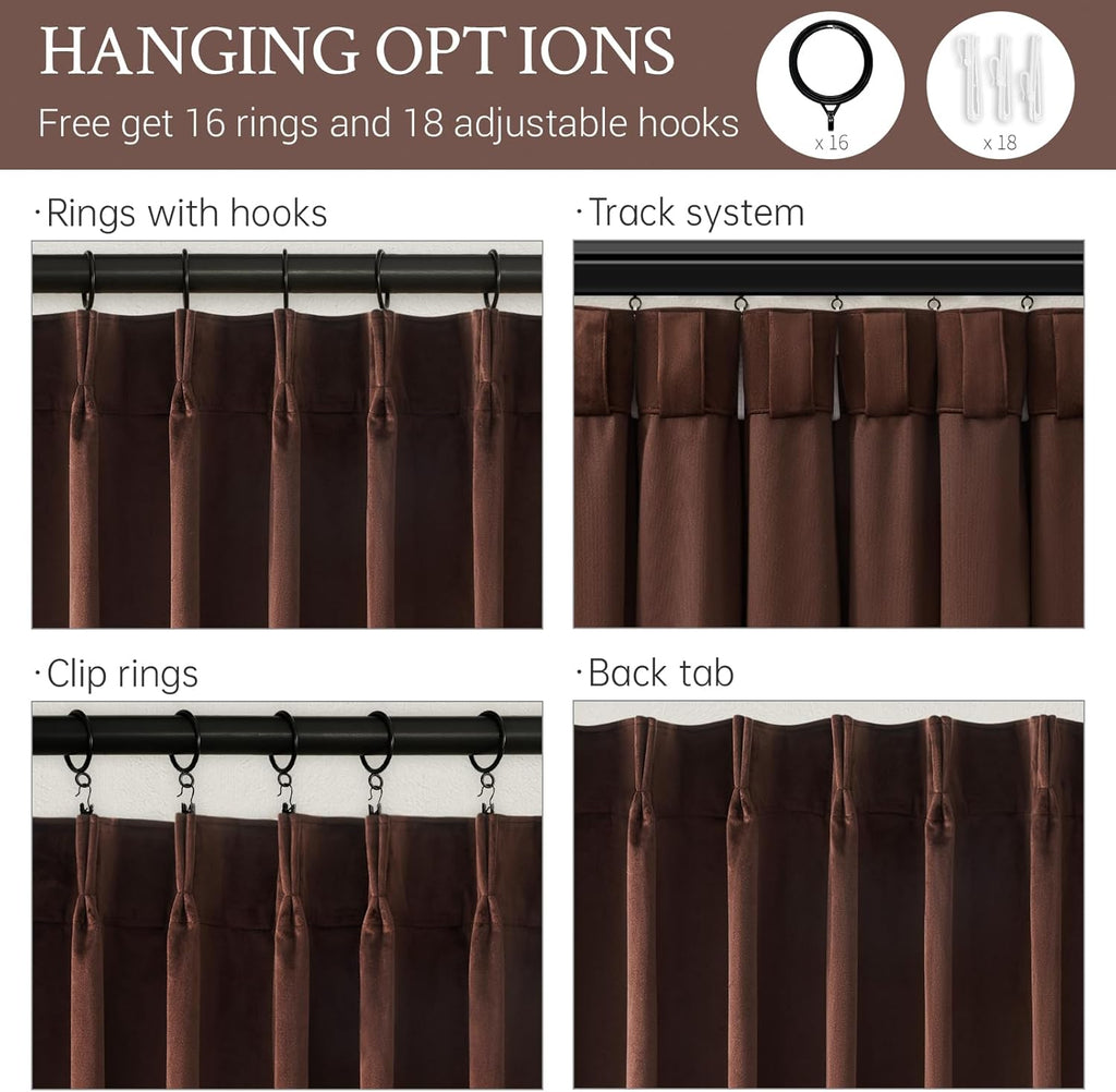 96 inches Long Brown Velvet Blackout Curtains for Living Room Bedroom Luxury Vintage Light Blocking Thermal Insulated