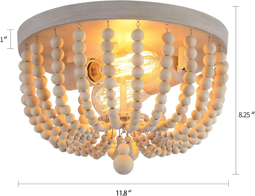 Boho Chandelier Wood Beaded Flush Mount Ceiling Light Fixtures Baby Bedroom Kitchen Hallway,Oak White Finish, Lights