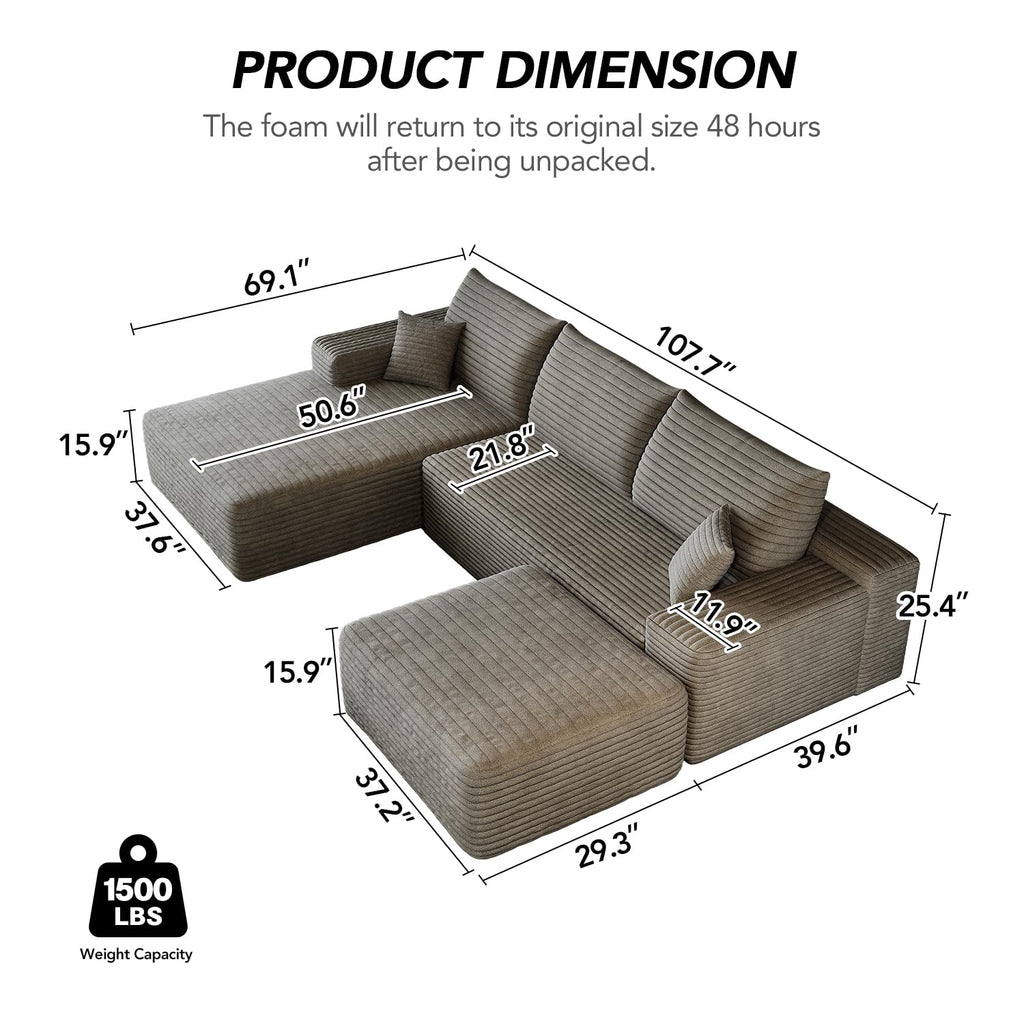 107.7" Boneless Sectional Couch Modern Modular U - Shape Corduroy Upholstered Sofa - Deep Seat with Chaise and