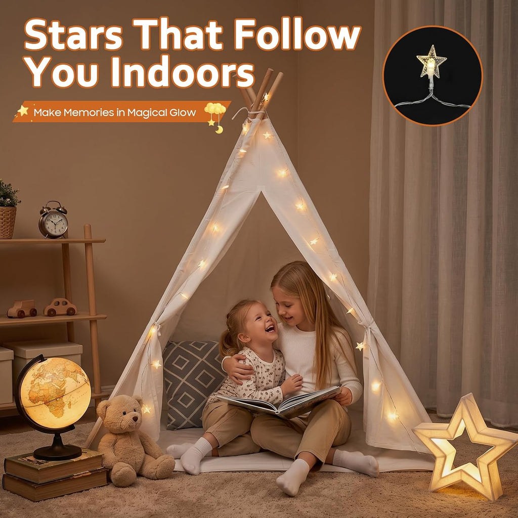 Kids Teepee Play Tent Cotton Linen with Lights for Indoor Outdoor