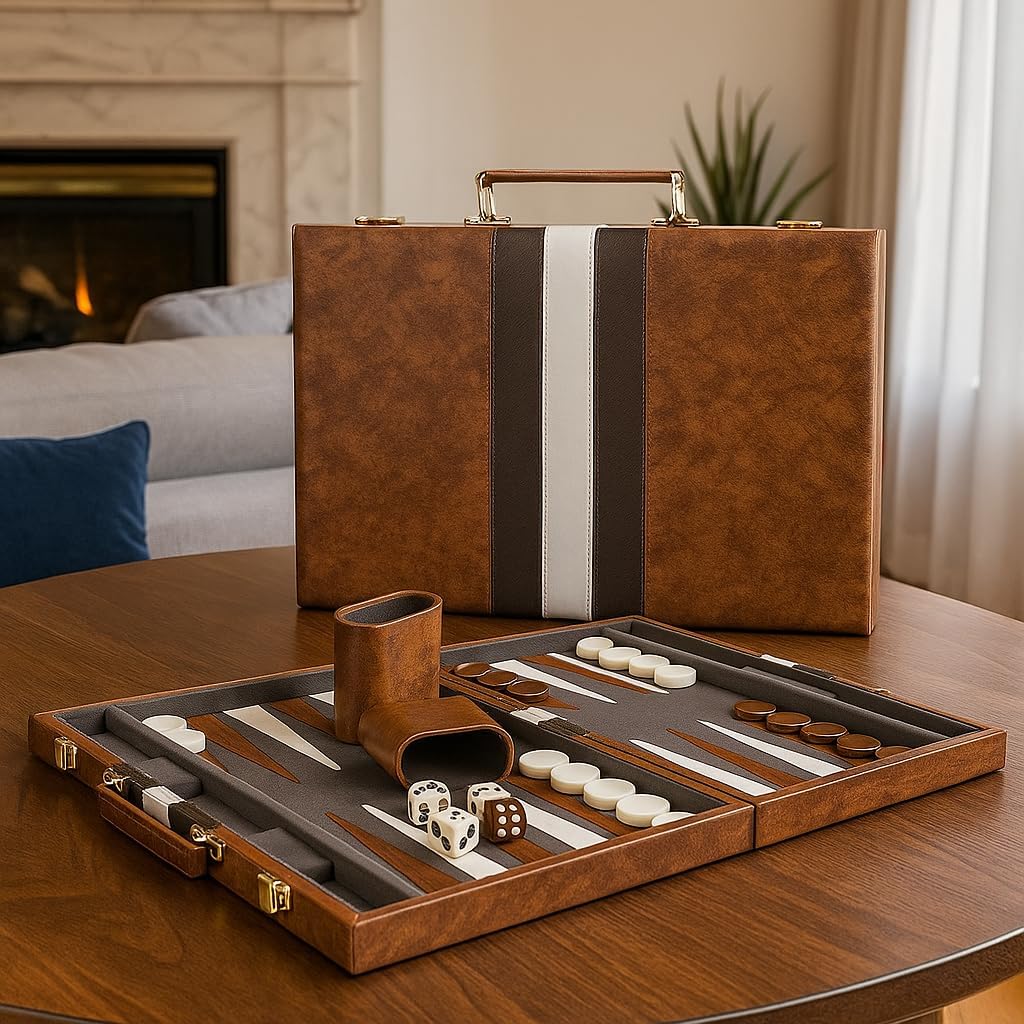 15-Inch Portable Backgammon Set with Folding Board and Leather Travel Case