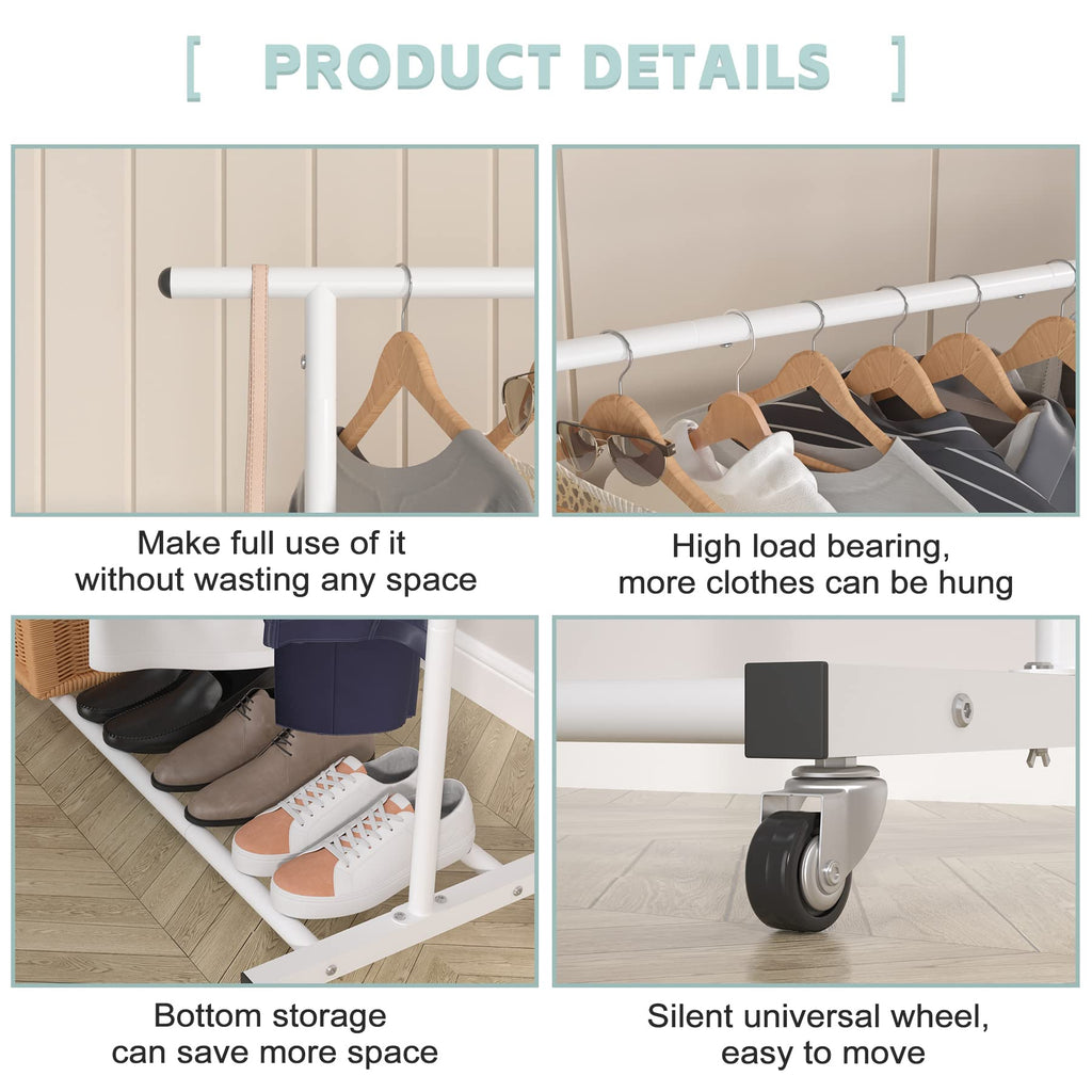 Double Rod Metal Clothing Garment Rack on Wheels, White