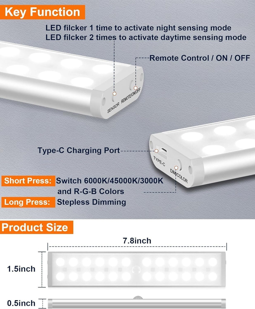 Under Cabinet Lighting Wireless, RGB LED Closet Lights, 4 Pack
