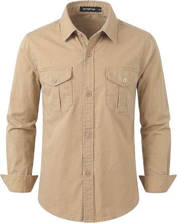 Boys' Long Sleeve Button Down Shirt for Kids Woven Solid Two Pockets