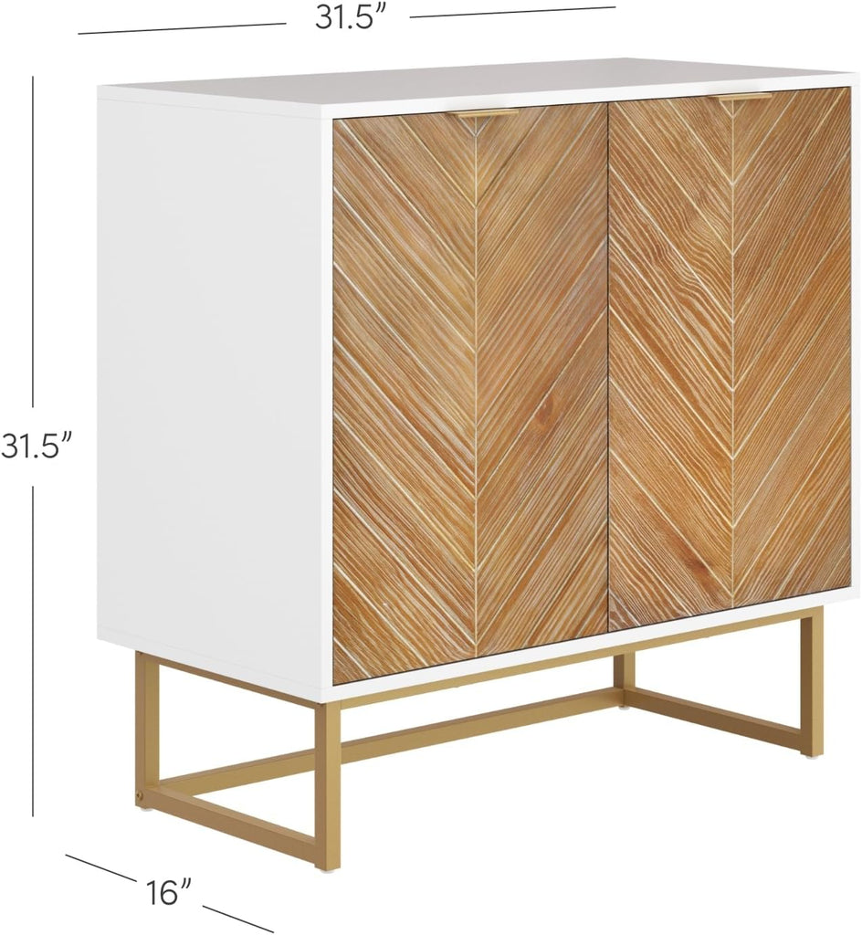 Enloe Modern Storage Free Standing Accent Cabinet White with Doors in a Rustic Pine Wood Finish and Gold