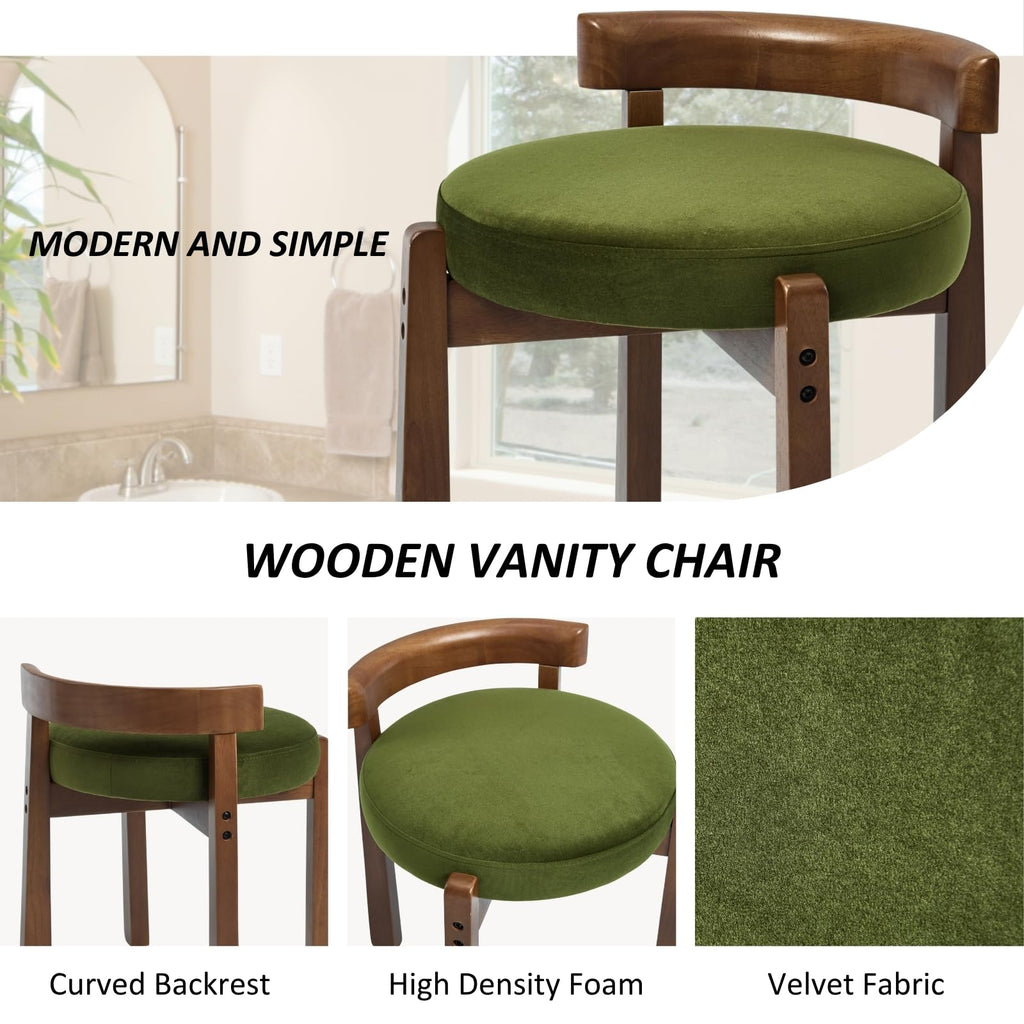 Wood Vanity Chair with Back Set of 2, Velvet Upholstered Small Ottoman Footstool, Mid-Century Modern Makeup Chair