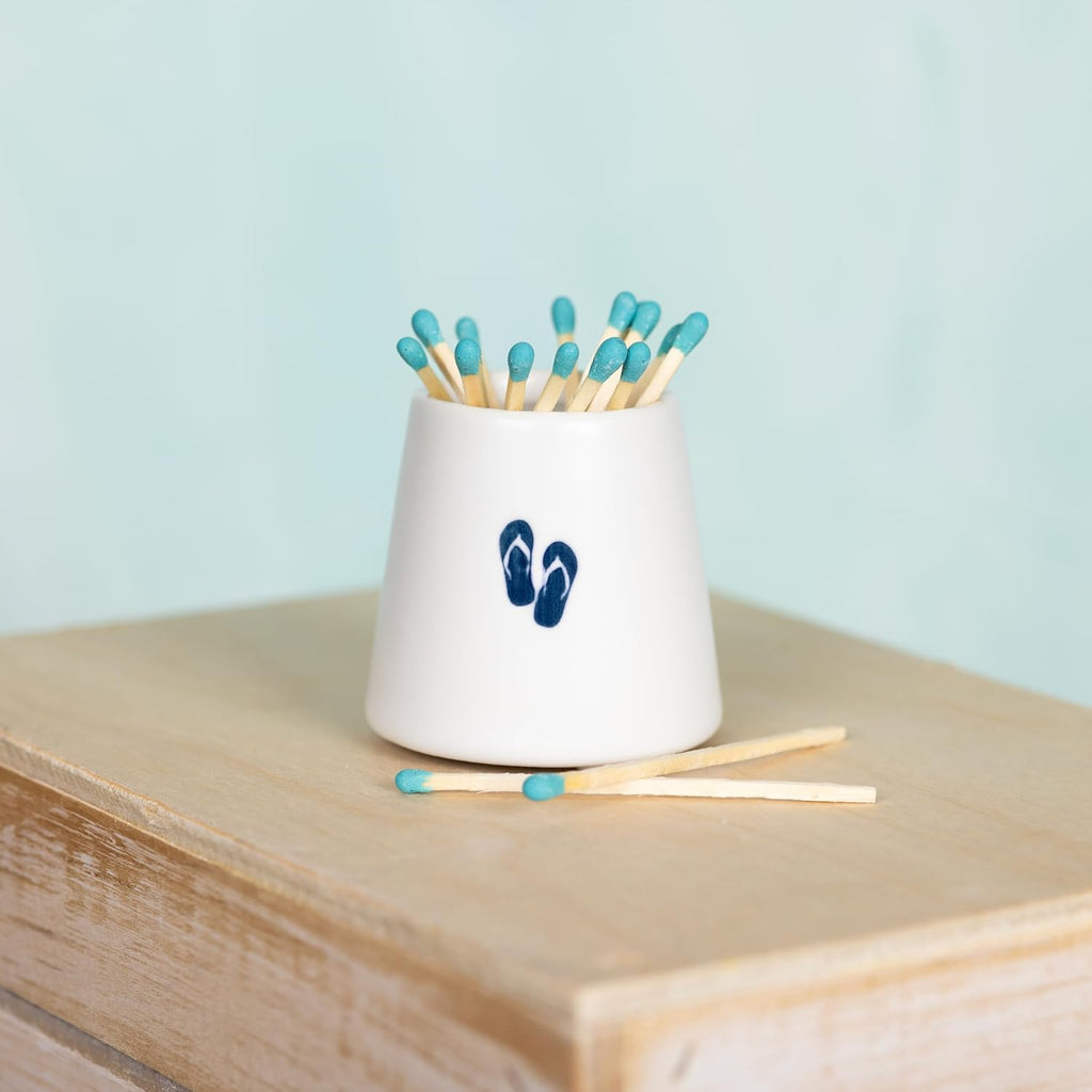 Pavilion - Flip Flops - Wooden Matches, Glass Cork Bottle & Stoneware Match Holder Set Beach Seaside Waterfront Ocean