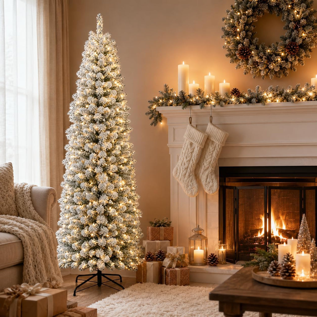 Prelit Slim Pencil Flocked Artificial Christmas Tree-WarmWhite