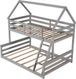 House Floor Bunk Bed with Ladder Twin Over Full,Wood Low Bunk Bed for Kids Juniors