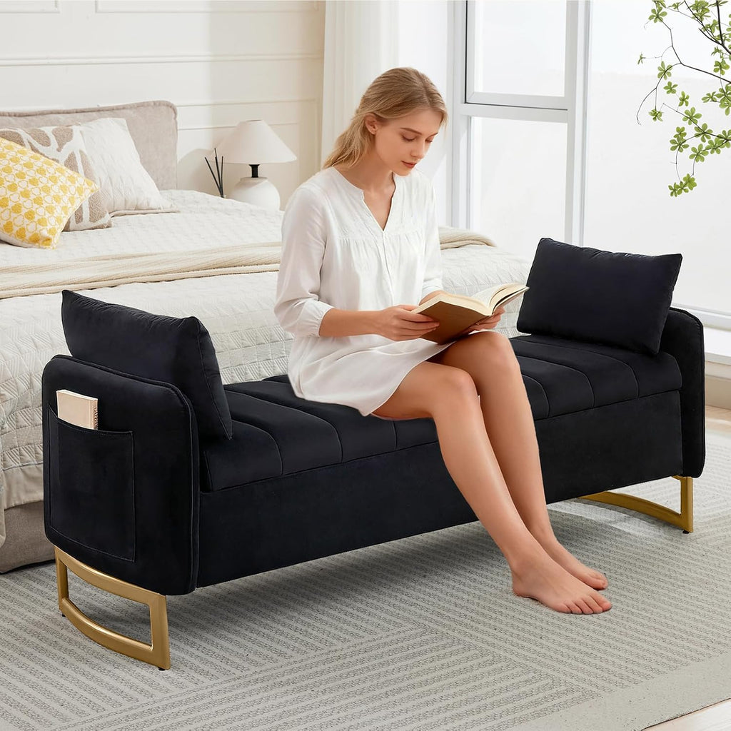 66" End of Bed Storage Bench King Size, Velvet Storage Benches Foot of Bed, Upholstered Storage Ottoman Bench with
