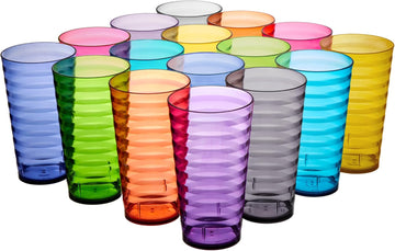 Splash [Set of 16] 18 ounce Plastic Stackable Water Tumblers in Jewel Tone Colors Value Set of Drinking Cups