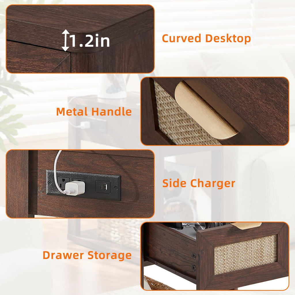 Narrow Side Table Set 2 with Charging Station, Rattan 24 x 14''
