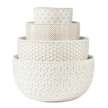 Ceramic Mixing Bowls, Embossed Nesting Bowls Set of 4, Mixing Bowl Set for Serving, Baking, Cooking and Gift