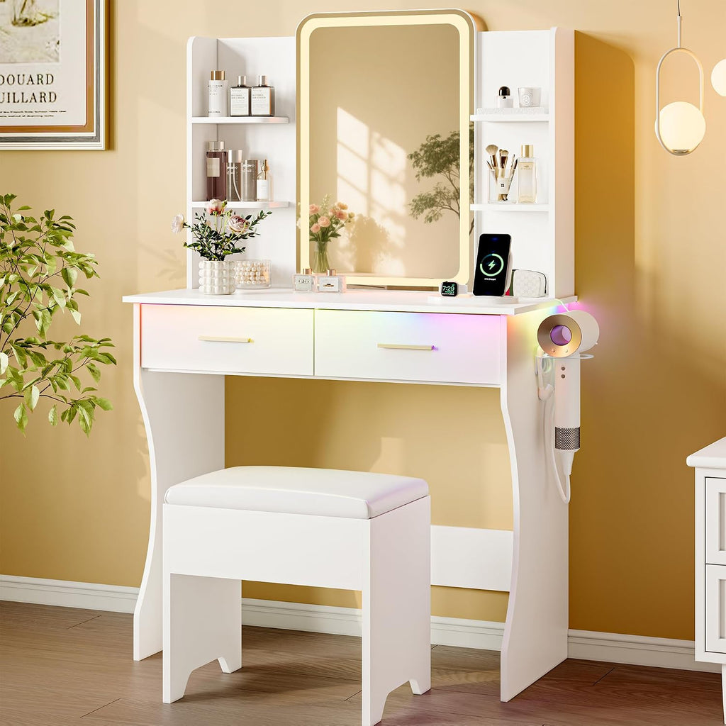 Makeup Vanity Desk with LED Lights and Mirror, Vanity Table Set with Charging Station&Cushioned Stool, 3 Lighting
