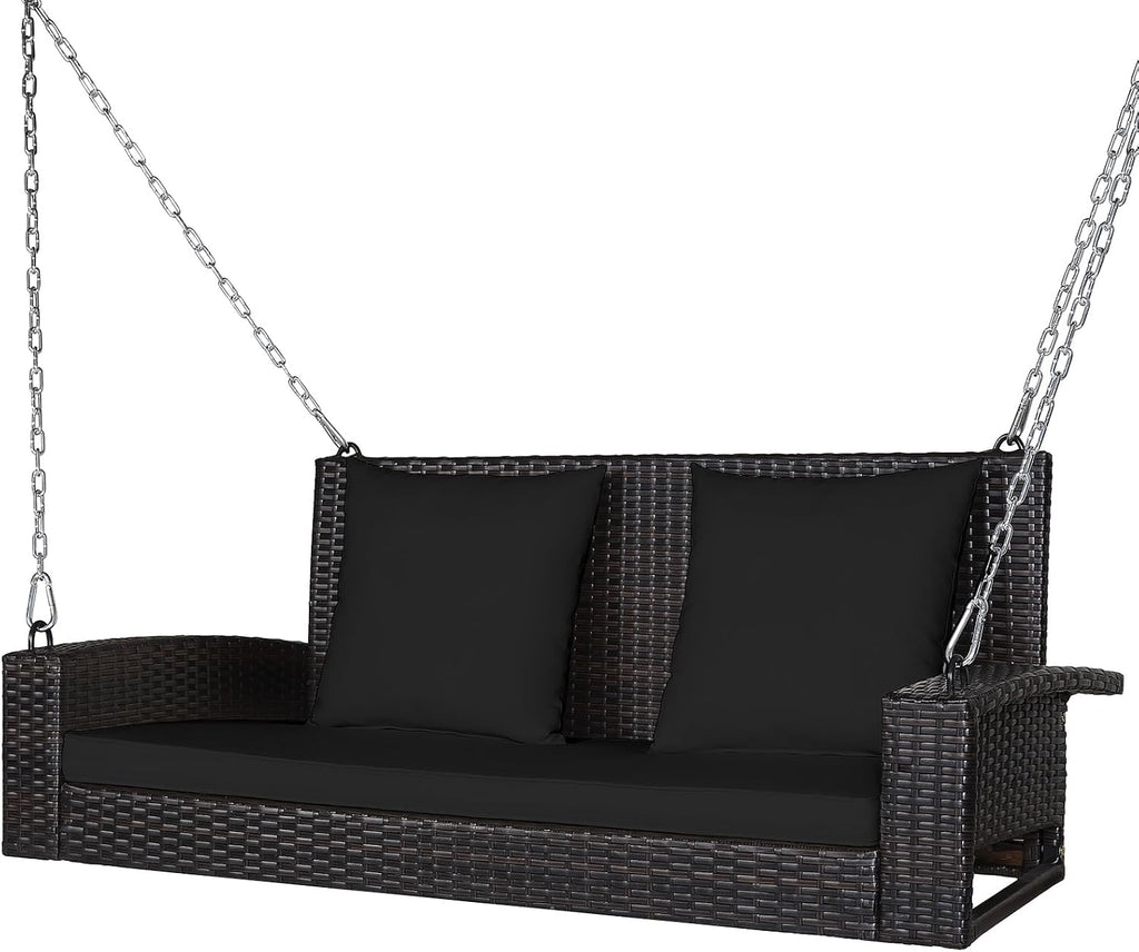 Hanging Porch Swing, 2-Person Outdoor Wicker Swing Chair Bench with Cushions, 7.9Ft Steel Chains for Garden