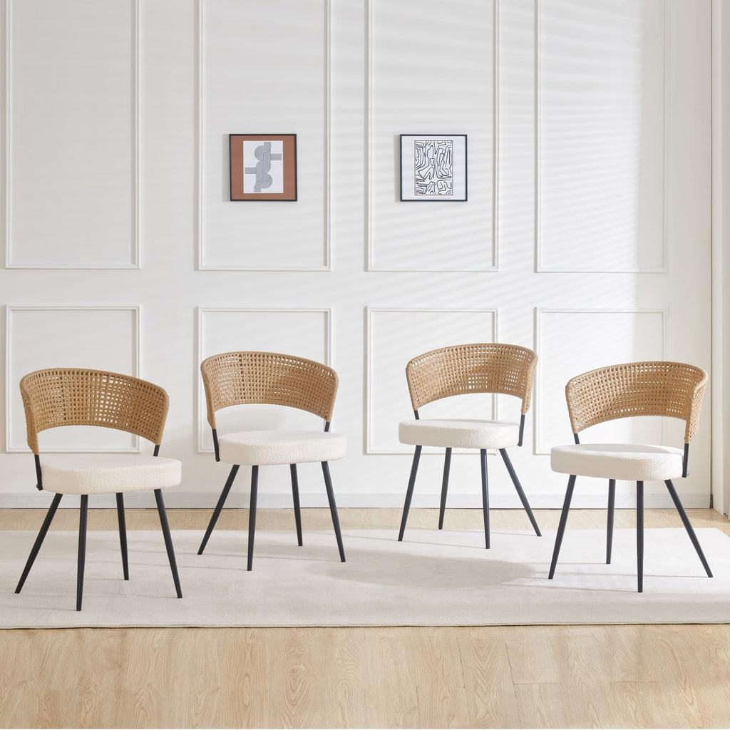 Rattan Dining Chairs Set of 4, Farmhouse Upholstered Teddy Cushion with PE Cane Round Back Kitchen Chair, Mid Century