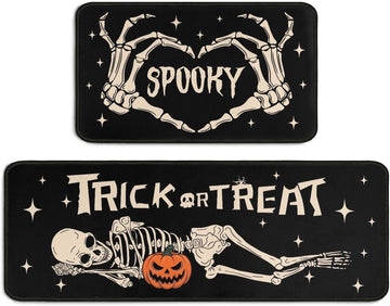 Halloween Kitchen Decor Rugs Set,Skeleton Kitchen Rugs and Mats Non Skid Washable Absorbent Kitchen - Set of 2