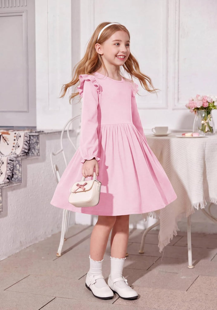 Girl Dress Puff Long Sleeve Fall Cotton Dresses with Pocket