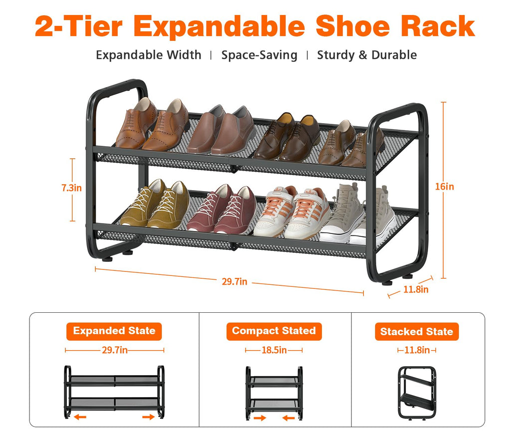 2 Tier Expandable Shoe Rack for Closet & Entryway, Metal Shoe Storage