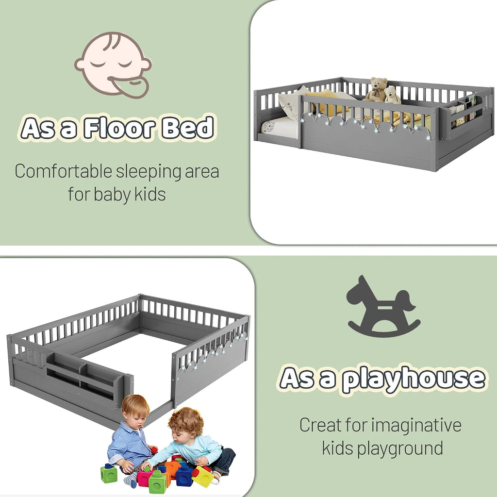 Montessori Floor Bed with High Rails,Full Size Floor Bed Frame for Kids, LED Lights & Storage Shelf, Safe & Wider