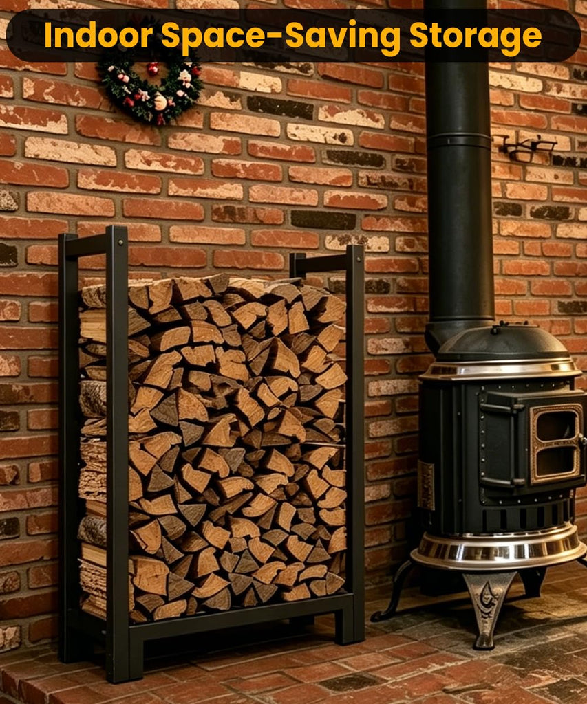 2FT Firewood Rack Outdoor Indoor, Upgraded Heavy Duty Fire Wood Stacker Stand, 1/8 Cord Capacity Raised Log Holder Up