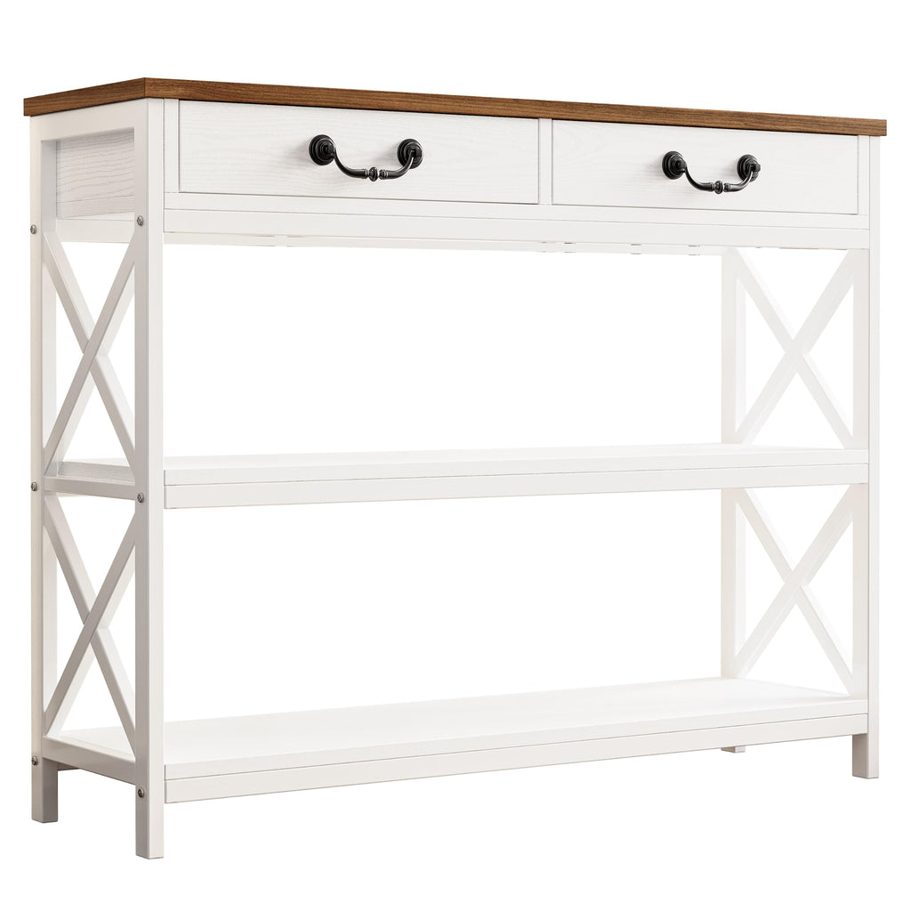 39.4" Farmhouse Console Table with Storage, White/Walnut