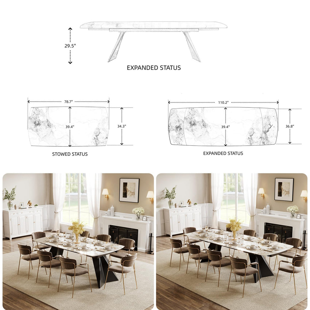 Extendable Dining Table with Leaf, 78"-110" Rectangular Sintered Stone, Marble-Look Top, Seats 6-14, Metal Base