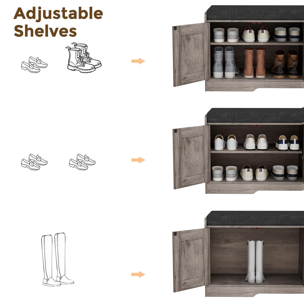 Shoe Storage Bench, 4 Doors & Thickened Padded Seat Cushion