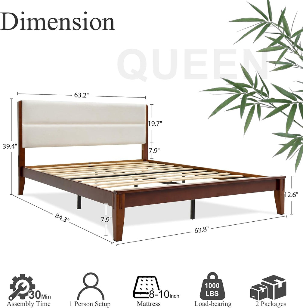 Japanese-Inspired Joinery Bed Frame with Upholstered Headboard