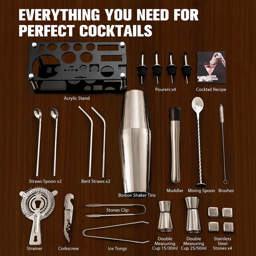 Cocktail Shaker Set, Bartender Kit with Stand Silver - Set of 23