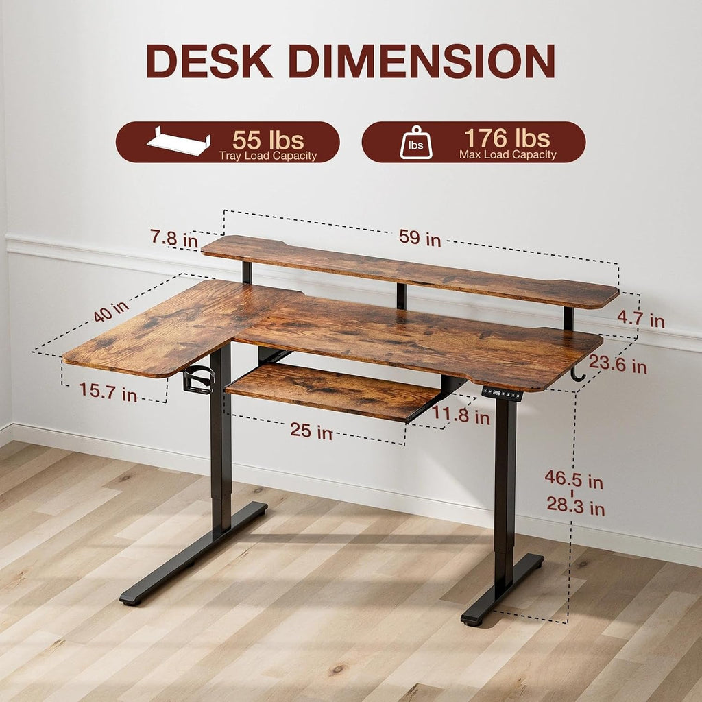 59 Inch L Shaped Standing Desk with Shelves and Keyboard, Electric Corner Standing Desk Adjustable Height, Sit Stand