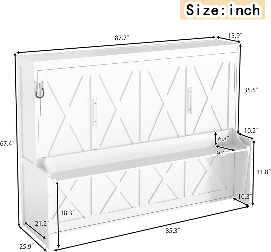 Queen Horizontal Murphy Bed with Desk, Farmhouse Wall Bed Frame with LED Lights & Charging Station, Wood Hidden