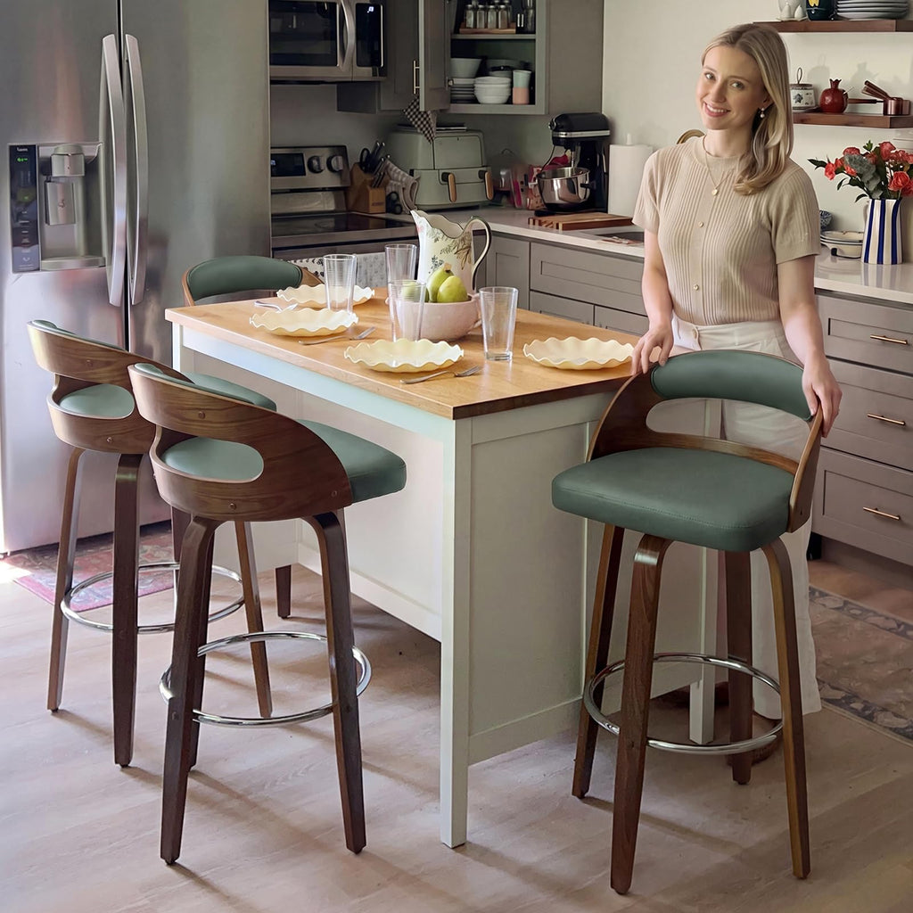 Mid Century Counter Stools with Walnut Bentwood Frame, 25" Seat Height