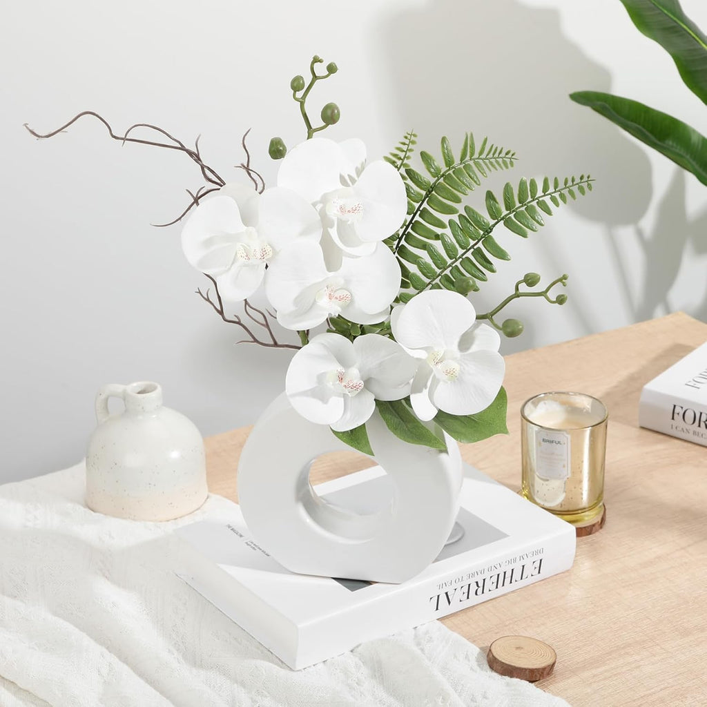 Orchid Artificial Flowers in White Ceramic Vase, 16.1''