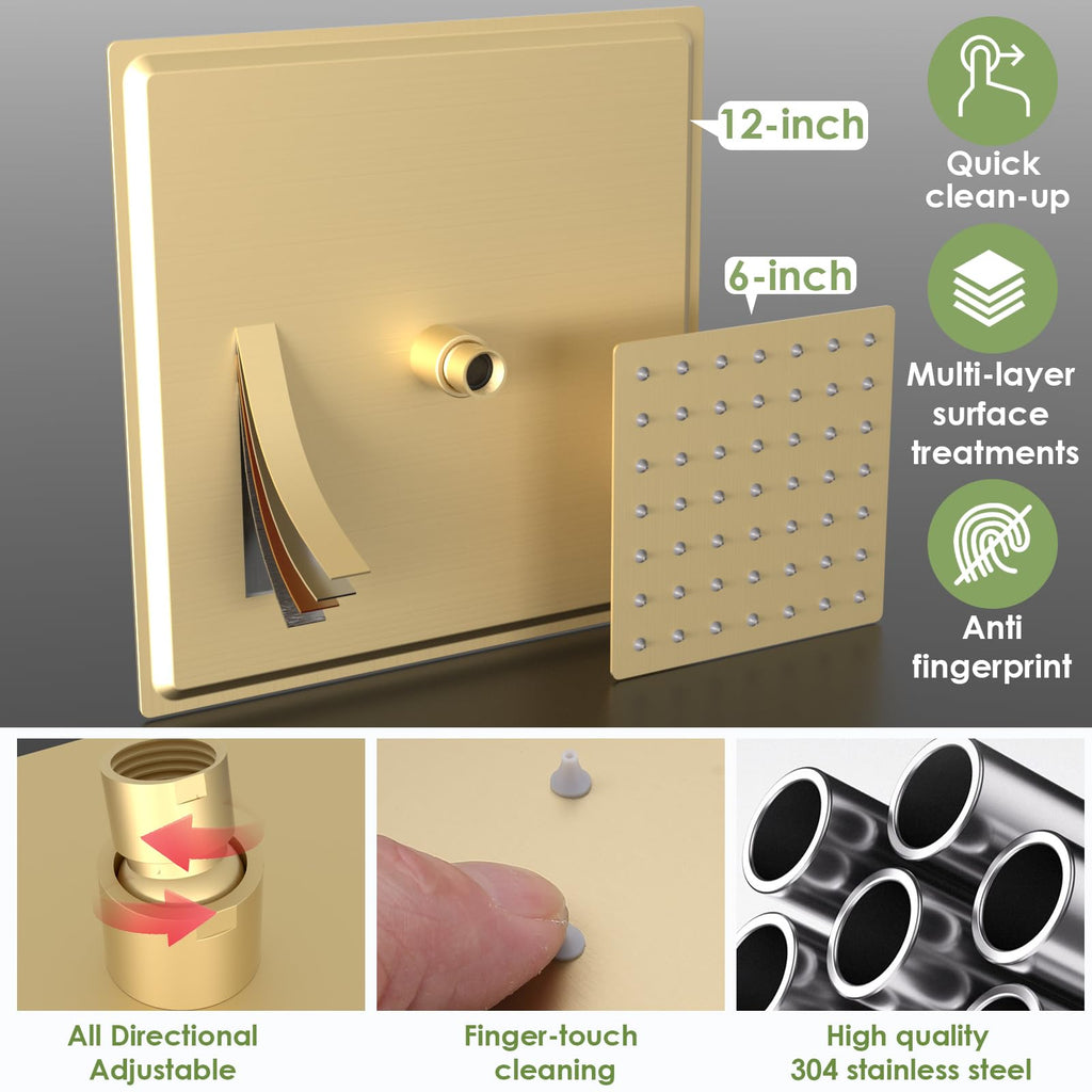 Dual Shower Head Shower System with Body Jets, 12" Ceiling Mounted Rain Shower Head & 6" Wall Mounted Head Full Body