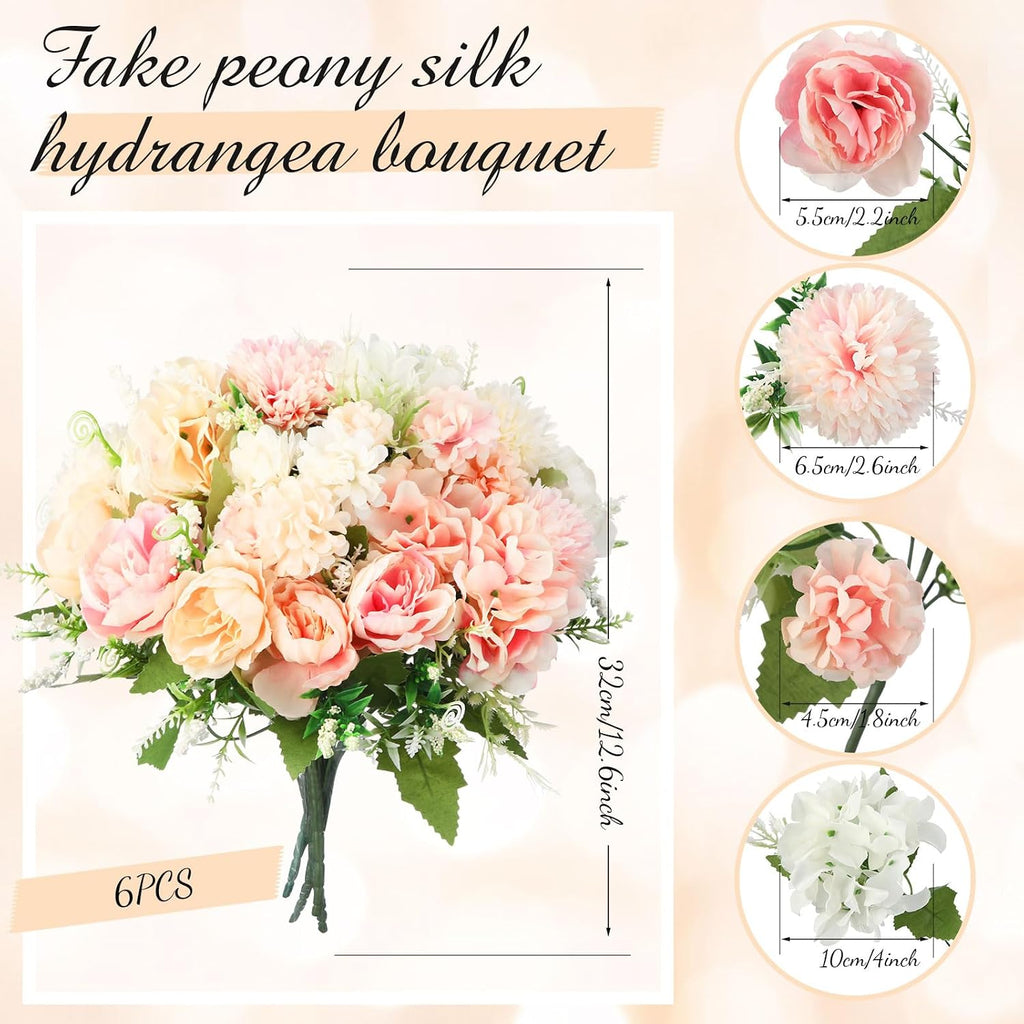 Bundles Artificial Flowers Bouquet Silk Peonies, White,Pink - Set of 6