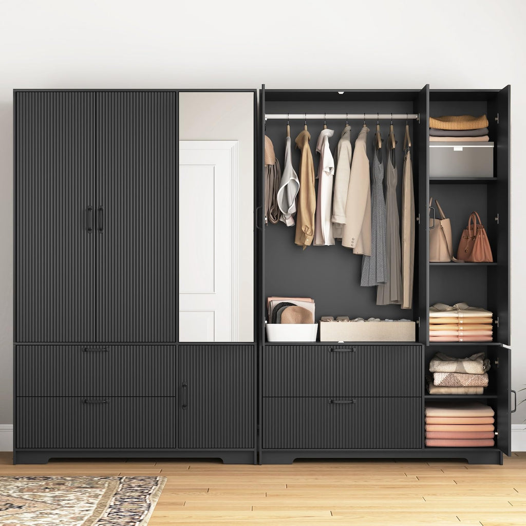 72'' Fluted Armoire Wardrobe Closet with Mirror Door and 2 Drawers, Tall Bedroom Armoire Wardrobe Cabinet with Hanging