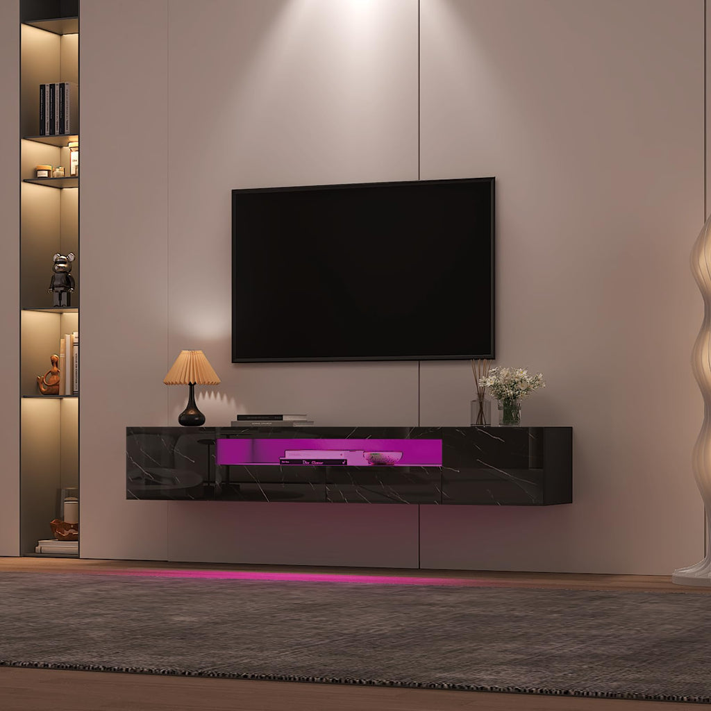 Floating TV Stand for 55 65 70 75 78 85 inch TV, Entertainment Center with LED Light and Storage Cabinet High Gloss