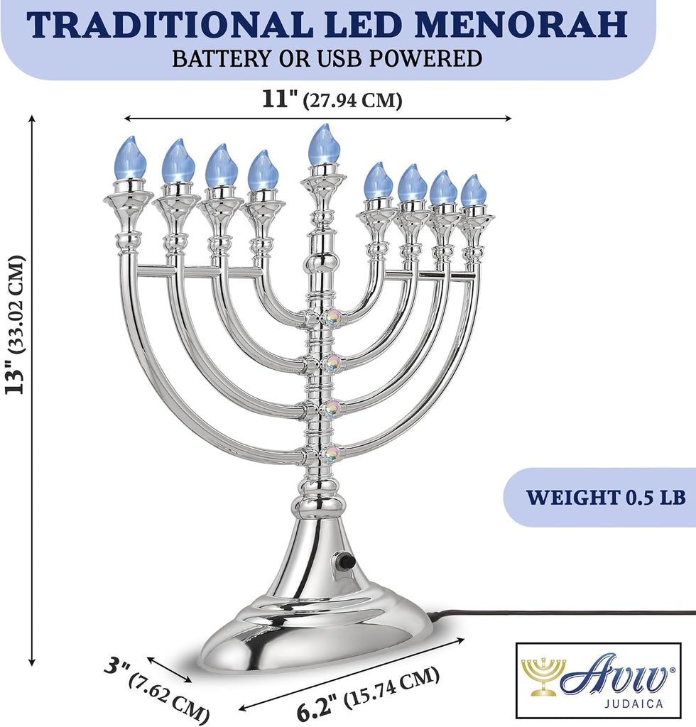 Traditional LED Electric Hanukkah - Battery or USB Powered, Includes Micro USB Cable (Metallic Silver, 6) - Set of 6