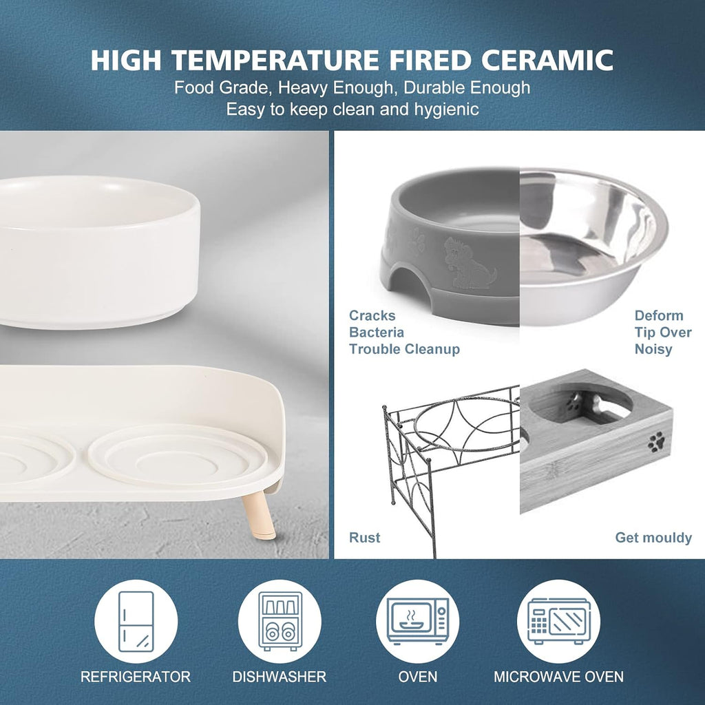 Elevated Ceramic Dog Bowl Set - Double Dog Feeding Bowls with Stand Splash Proof - Raised Dishes for Food and Water