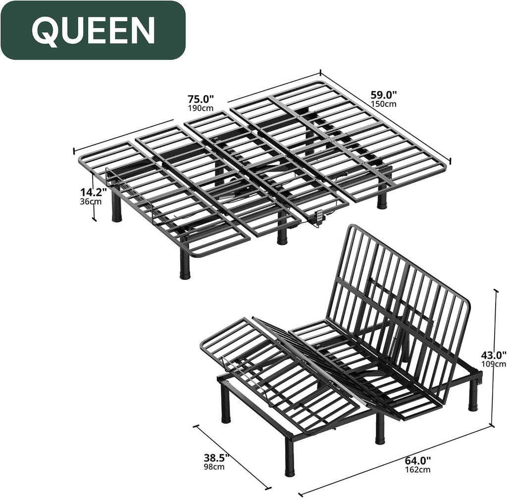 Queen Adjustable Bed Frame with Wireless Remote, Zero Gravity, Head & Foot Incline, Anti-Snore, Memory Presets, Quiet